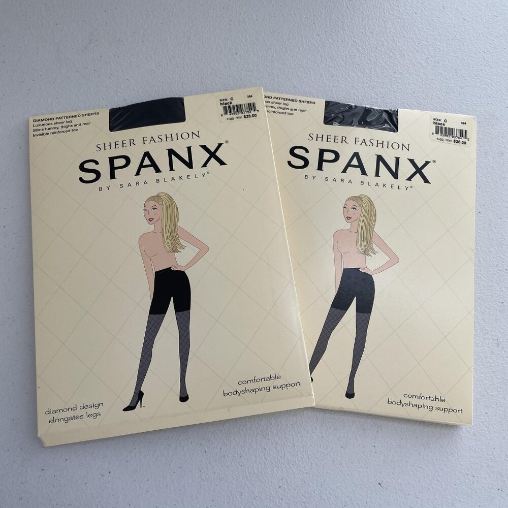 NEW Spanx‎ Sheer Fashion Leggings Womens C Black Diamond Pattern Shaper 2 Pack